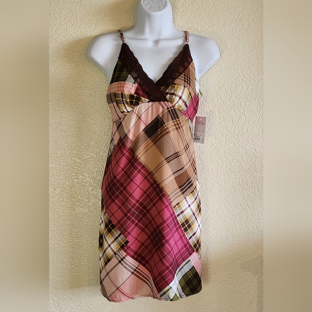 NWT SO GOOD FOR LIFE LACE TRIM PLAID SLIP DRESS SIZE M